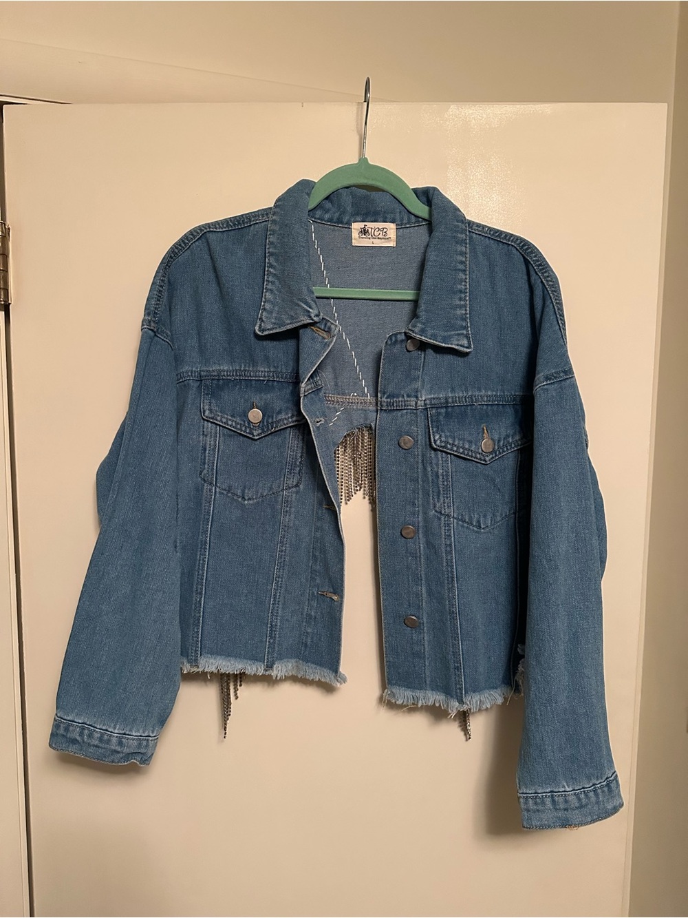 Blue Denim Cropped Jacket with Rhinestone Fringe Trim
